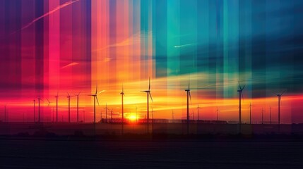 Manipulated colors of wind turbines silhouettes during sunset - obrazy, fototapety, plakaty