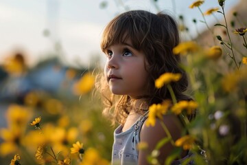 Portrait of a little girl in a field of yellow flowers.
