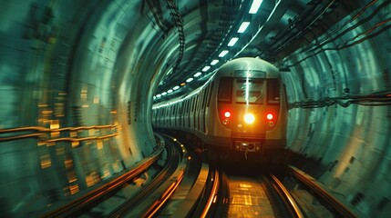 A modern train travels in a tunnel underground. Modern aesthetic background. Subway in the metropolis. Generative AI