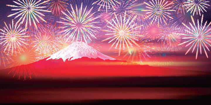 花火　富士山　夏祭り　風景　背景	