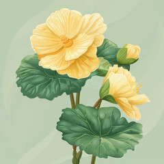Artistic illustration of blooming yellow hibiscus flowers with green leaves.