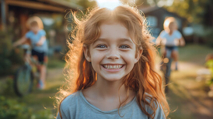 beautiful little girl with ginger hair smiling, playing 