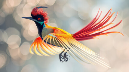 Obraz premium A majestic Raggiana bird-of-paradise displays its colorful plumage and tail feathers.