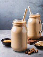 glass cup of coffee and latte with cinnamon on table