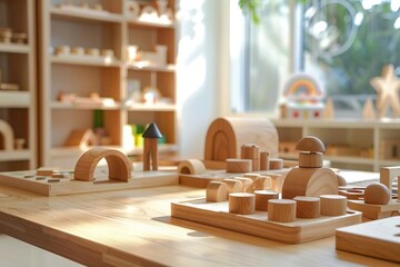 montessori wooden educational toys and materials in sunlit kindergarten classroom - obrazy, fototapety, plakaty