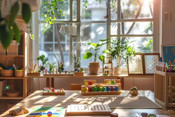montessori wooden educational toys and materials in sunlit kindergarten classroom - obrazy, fototapety, plakaty