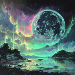 Majestic Moonrise Over Otherworldly Seascape