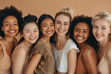 multiethnic group of smiling women with diverse skin tones beige background unity concept