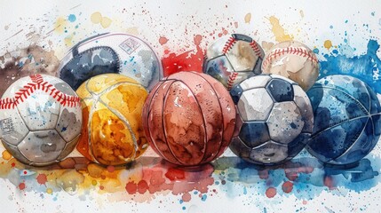 Watercolor illustration of various sport equipments. banner for summer sport.