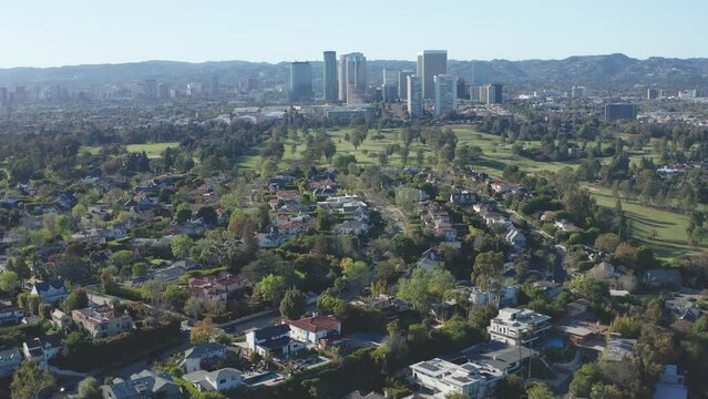 Aerial shot of Century City and Westwood building and golf course in Los Angeles