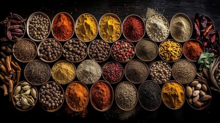 Variety of spices and herbs in wooden bowls on dark background, top view