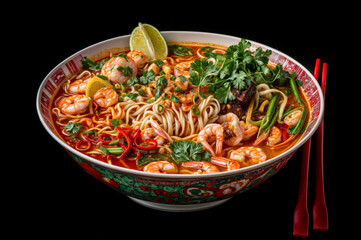 Bowl of spicy Asian soup with shrimps and noodles on black background