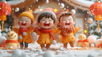 Happy 3D cartoon villagers dancing, festive decorations, warm orange background - obrazy, fototapety, plakaty