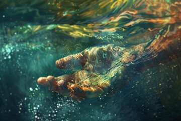 mysterious hand submerged in glistening seawater conveying profound emotions digital illustration - obrazy, fototapety, plakaty