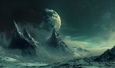 Fantasy alien planet Mountain and lake big moon in night sky Fantasy alien environment Blue colors, moon, Fantasy alien environment - Blue colors, moon, and mountains - obrazy, fototapety, plakaty