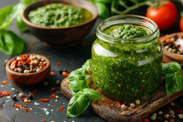 A rich and vibrant image of a glass jar filled with homemade pesto sauce surrounded by fresh ingredients
