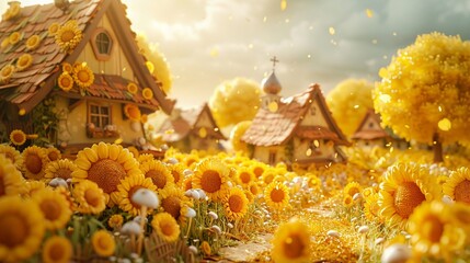 Joyful 3D cartoon villagers harvesting, fields of gold, warm yellow background - obrazy, fototapety, plakaty