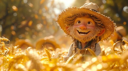 Joyful 3D cartoon villagers harvesting, fields of gold, warm yellow background