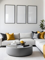 Three mockup poster frames in modern living room interior background, interior mockup design, frame mockup