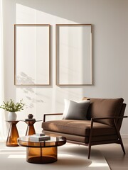Two mockup poster frames in living room interior background, interior mockup design, frame mockup
