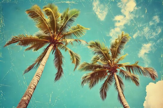 palm trees reaching for vibrant blue sky vintage tropical beach escape travel concept photo