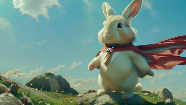 a cute bunny as a superhero standing on a hill with cape fluttering against a clear sky.