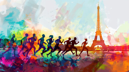 Athletes running with the Eiffel tower in Paris, France. 2024 Olympic games. Summer artwork. Sports cover design. Abstract background. Generated AI