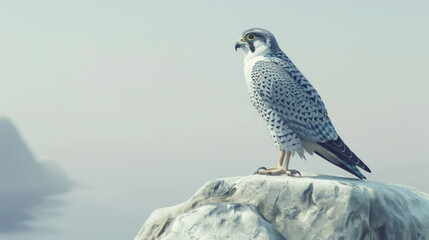 A vigilant peregrine falcon perched on a rock, with a serene and foggy landscape in the background.