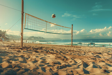 Beach volleyball court on summer sea sandy beach. Under the sun. Sport healthy lifestyle. Generative AI