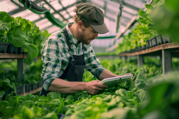 Farmer using a tablet working on organic vegetables hydroponic in greenhouse plantation. Technology agriculture farming. Generative AI