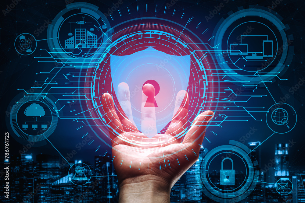 Poster cyber security and digital data protection concept. icon interface showing secure firewall technolog