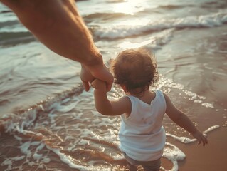 Father's hand lead his child son in summer beach nature outdoors, trust family concept