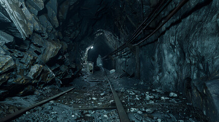A chilling of an abandoned mine, with railway tracks leading into the depths of the earth and craggy rock walls whispering tales of the past. - obrazy, fototapety, plakaty