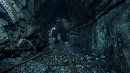 Stof per meter A chilling of an abandoned mine, with railway tracks leading into the depths of the earth and craggy rock walls whispering tales of the past. © Silence For You