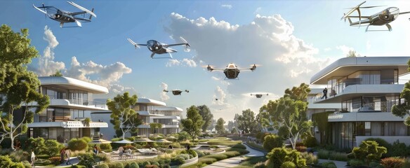 A serene community where personal flying vehicles take off and land from rooftops and designated skyports, the sky filled with a ballet of orderly air traffic.