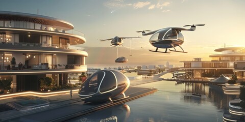 A serene community where personal flying vehicles take off and land from rooftops and designated skyports, the sky filled with a ballet of orderly air traffic.