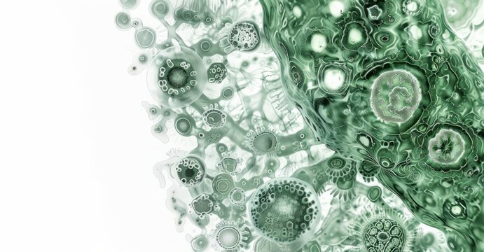 Fictional bacteria under microscope. AI generated macro image. Space for text.               