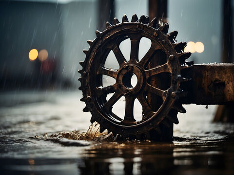old rusty industrial cogged gears and wheels, all in a dark gloomy factory landscape with the rain pouring down