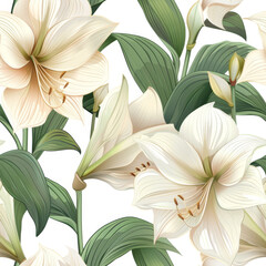 Delicate and detailed botanical illustration of white lilies with lush green leaves.