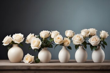 row of vase with white roses flowers from Generative AI