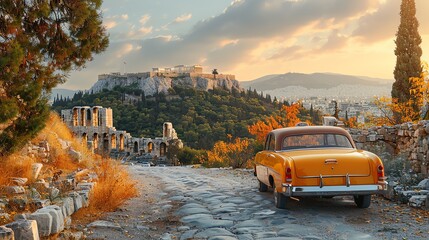 An image of a taxi passing by the ancient ruins in Athens, blending modern with historical - obrazy, fototapety, plakaty