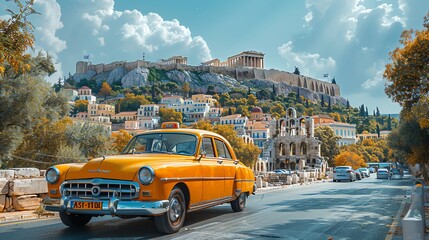 An image of a taxi passing by the ancient ruins in Athens, blending modern with historical - obrazy, fototapety, plakaty
