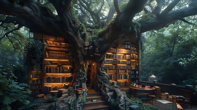 An image of a treehouse office amidst giant books, depicting a creative and knowledgedriven business environment