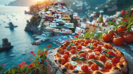 An Italian pizza, with toppings seemingly floating in midair, set against a backdrop of the colorful Amalfi coast - obrazy, fototapety, plakaty