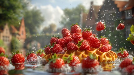 Obraz premium Belgian waffles, topped with strawberries, floating with a background of Bruges medieval architecture