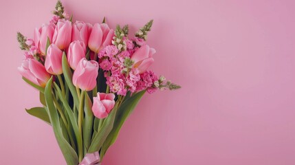 Tulip bouquet on a pink backdrop Festive floral arrangement