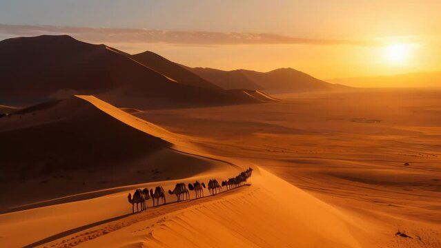 A caravan of camels treads between sun-drenched sand dunes, their long shadows stretching across the desert floor. Under a vermillion sky, golden sands shimmer vastly in all directions. 