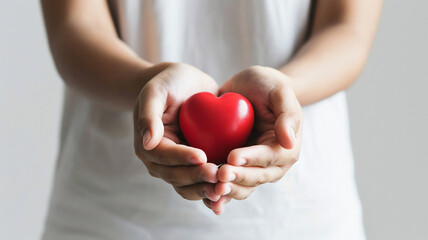 A person is holding a red heart in their cupped hands, against a white background.