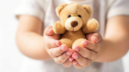 Child's hands gently holding a small teddy bear, symbolizing innocence and care.