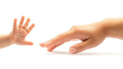 An adult hand is reaching towards a small child's hand against a white background.